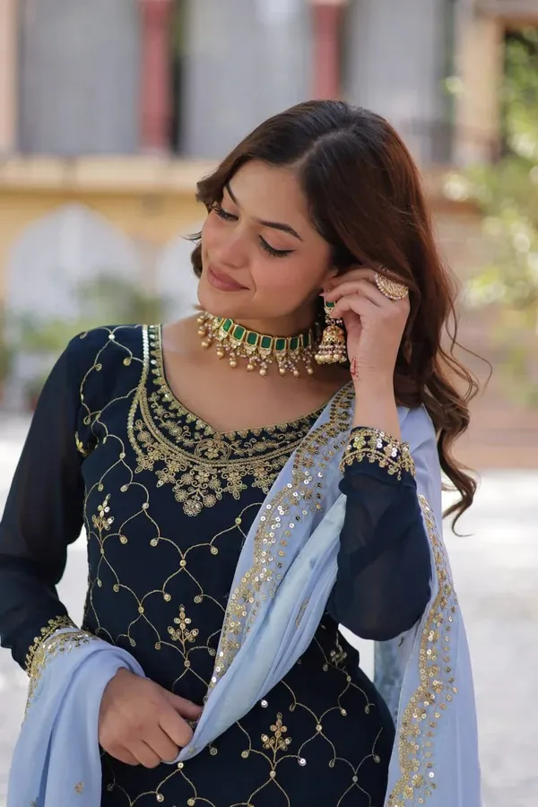 Teal_Blue_Sequins_Embroidery_Work_Kurti_Palazzo_Suit_With_Contrast_Dupatta_For_Women