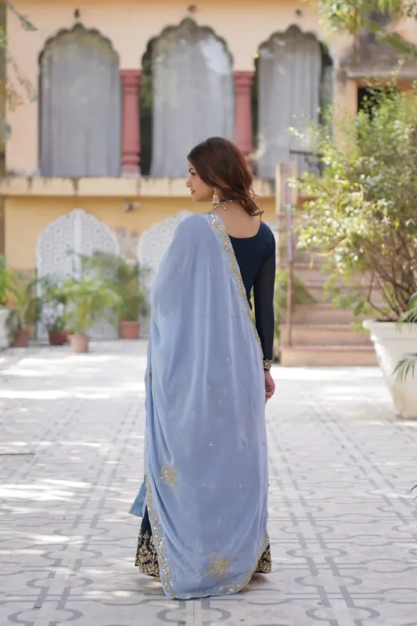 Teal_Blue_Sequins_Embroidery_Work_Kurti_Palazzo_Suit_With_Contrast_Dupatta_For_Women