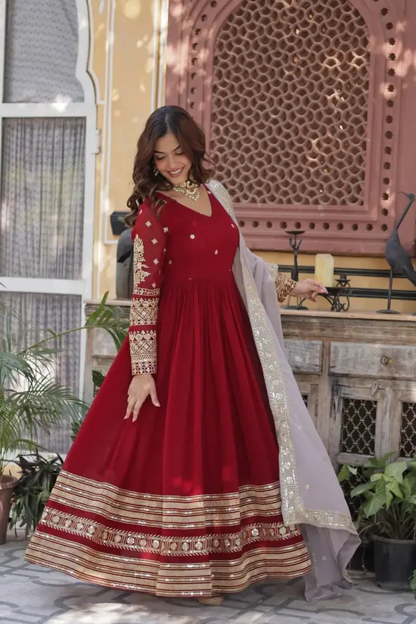 Merlot_Red_Sequins_Embroidery_Work_Gown_With_Contrast_Dupatta_For_Women