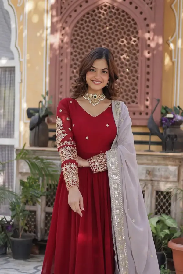 Merlot_Red_Sequins_Embroidery_Work_Gown_With_Contrast_Dupatta_For_Women