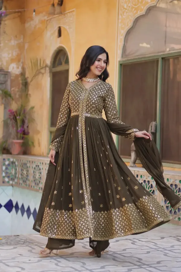 Rangoon_Green_Georgette_Sequins_Embroidery_Work_Front_Cut_Gown_And_Dupatta_For_Women