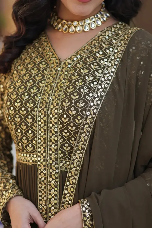 Rangoon_Green_Georgette_Sequins_Embroidery_Work_Front_Cut_Gown_And_Dupatta_For_Women