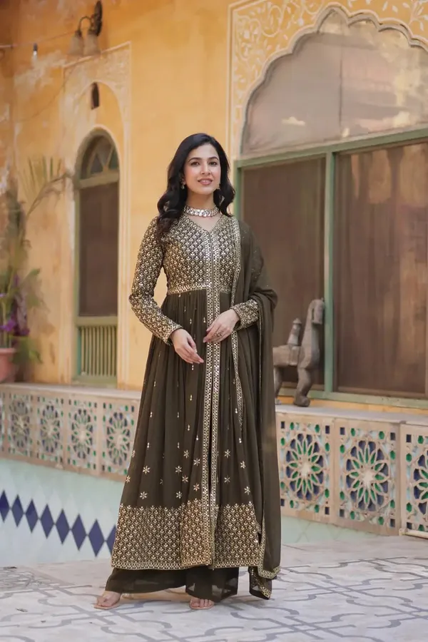 Rangoon_Green_Georgette_Sequins_Embroidery_Work_Front_Cut_Gown_And_Dupatta_For_Women