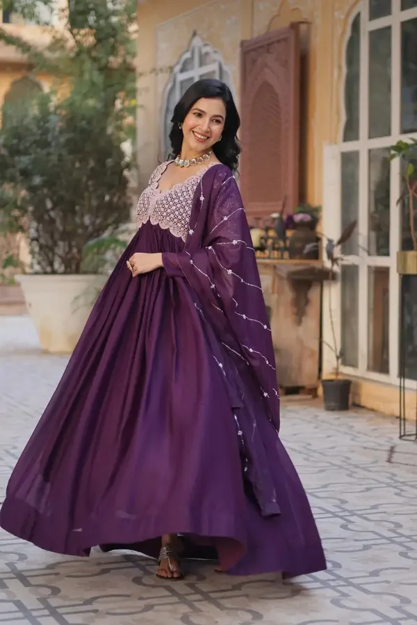 Plum_Purple_Embroidery_Beads_Sequins_Work_Georgette_Gown_With_Dupatta_For_Women