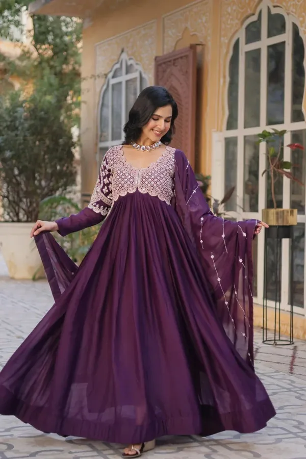 Plum_Purple_Embroidery_Beads_Sequins_Work_Georgette_Gown_With_Dupatta_For_Women