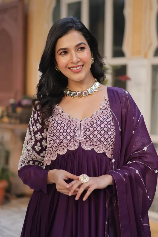Plum_Purple_Embroidery_Beads_Sequins_Work_Georgette_Gown_With_Dupatta_For_Women