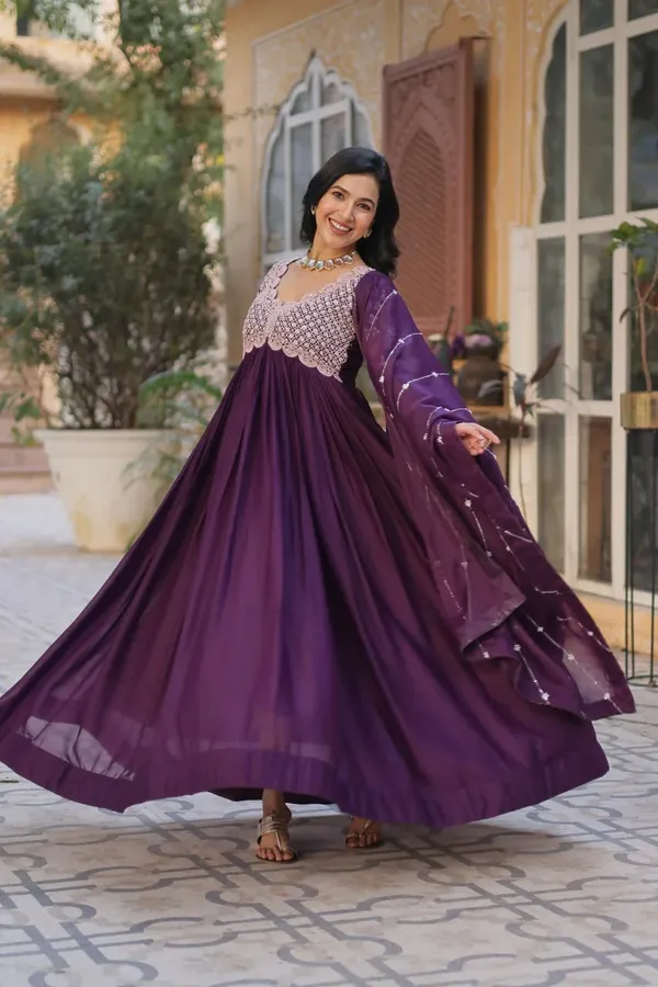Plum_Purple_Embroidery_Beads_Sequins_Work_Georgette_Gown_With_Dupatta_For_Women