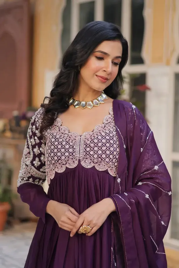 Plum_Purple_Embroidery_Beads_Sequins_Work_Georgette_Gown_With_Dupatta_For_Women