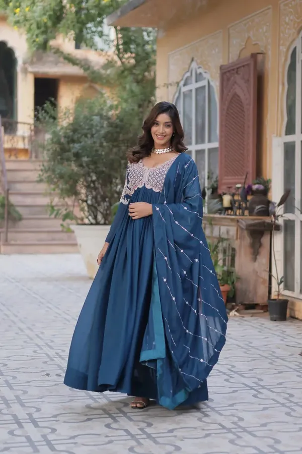 Teal_Blue_Embroidery_Beads_Sequins_Work_Georgette_Gown_With_Dupatta_For_Women