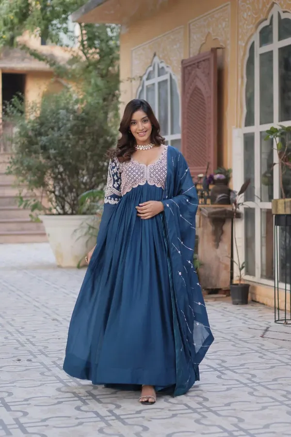 Teal_Blue_Embroidery_Beads_Sequins_Work_Georgette_Gown_With_Dupatta_For_Women