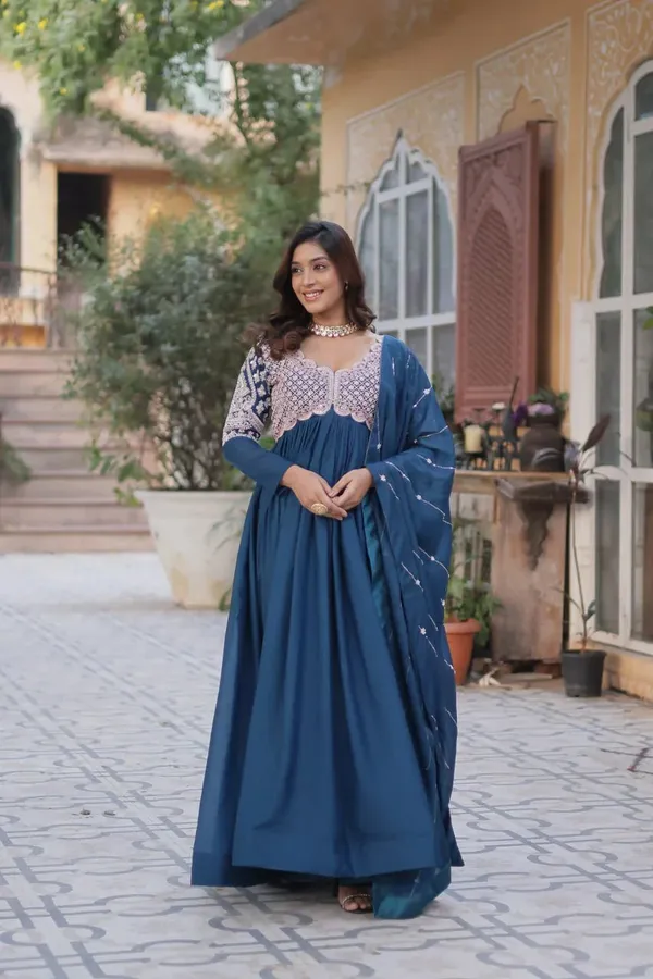 Teal_Blue_Embroidery_Beads_Sequins_Work_Georgette_Gown_With_Dupatta_For_Women