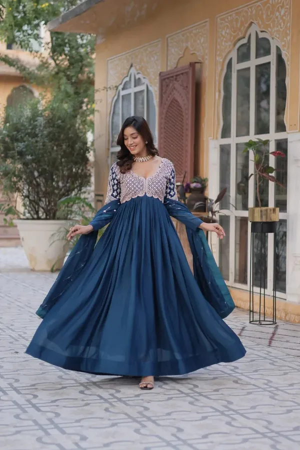 Teal_Blue_Embroidery_Beads_Sequins_Work_Georgette_Gown_With_Dupatta_For_Women