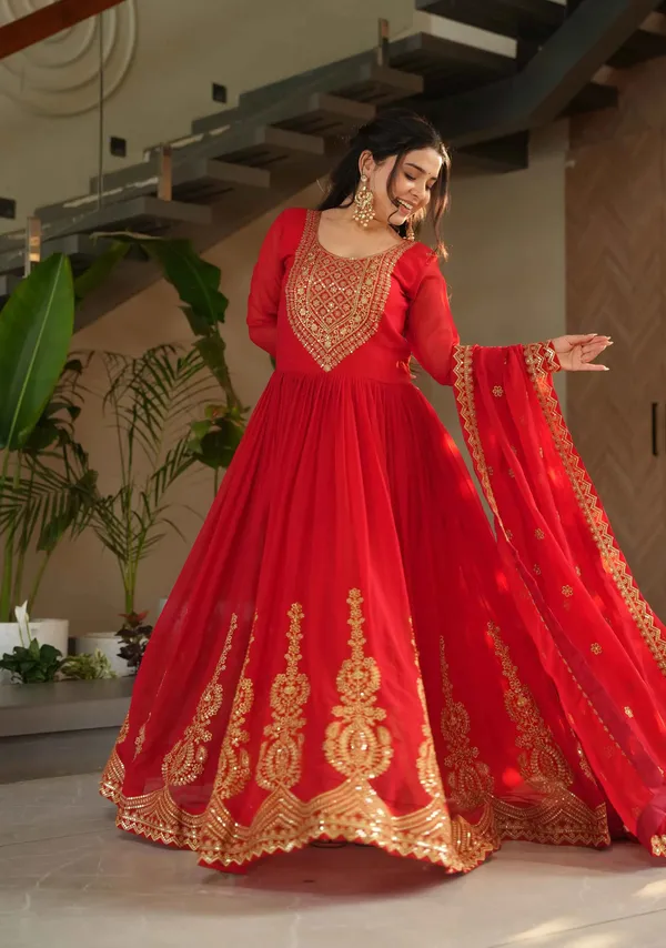Scarlet_Red_Zari_Sequins_Embroidery_Work_Gown_With_Dupatta_For_Women