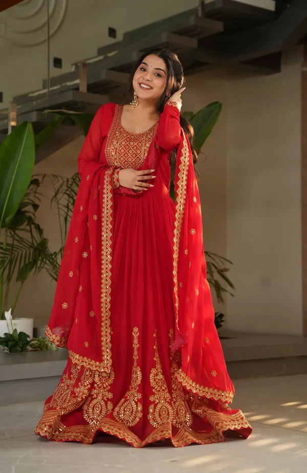 Scarlet_Red_Zari_Sequins_Embroidery_Work_Gown_With_Dupatta_For_Women