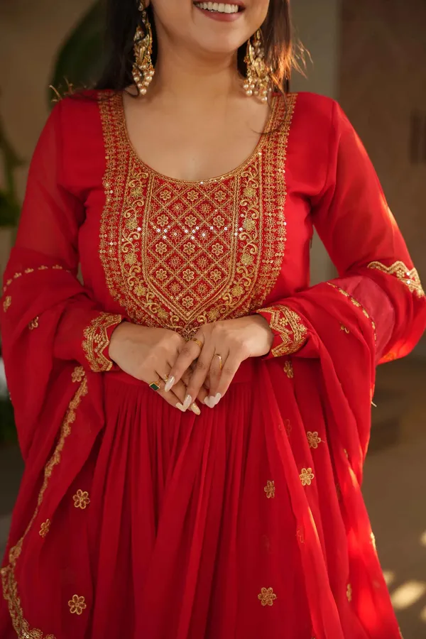 Scarlet_Red_Zari_Sequins_Embroidery_Work_Gown_With_Dupatta_For_Women