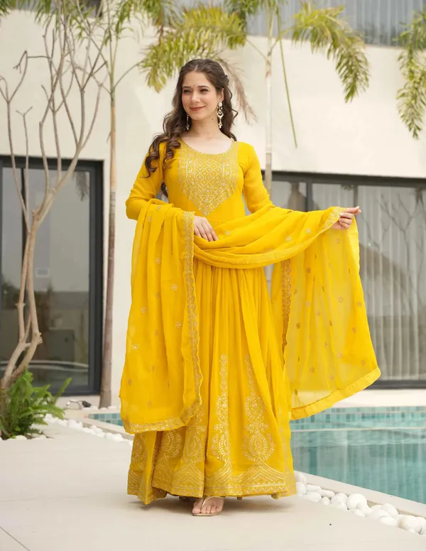 Lightning_Yellow_Zari_Embroidery_Work_Gown_With_Dupatta_For_Women