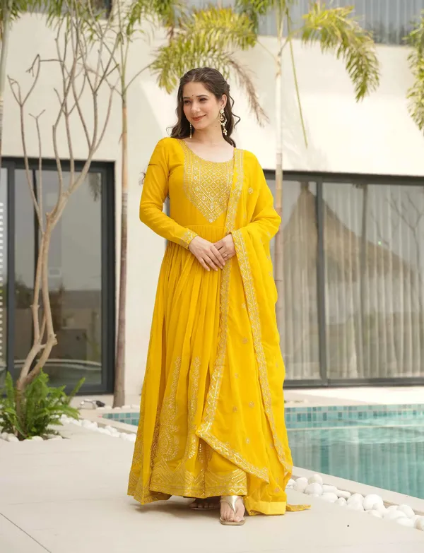 Lightning_Yellow_Zari_Embroidery_Work_Gown_With_Dupatta_For_Women