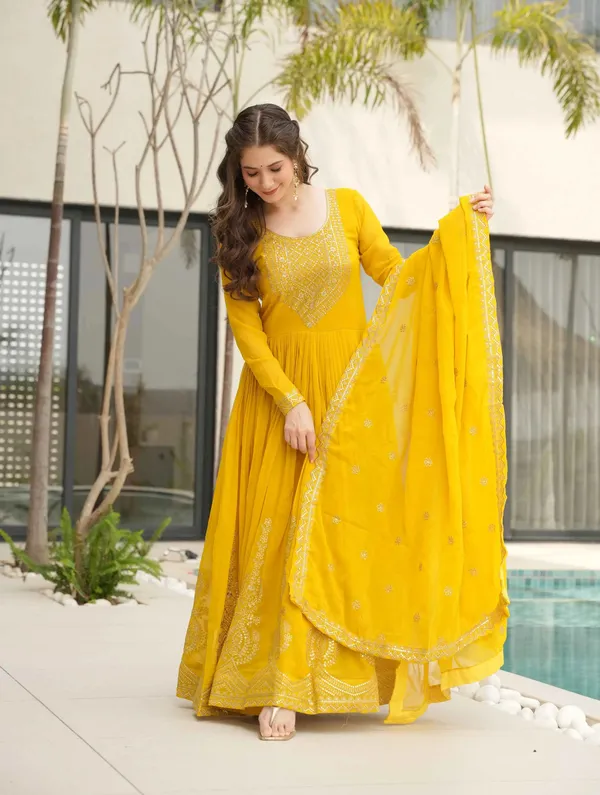 Lightning_Yellow_Zari_Embroidery_Work_Gown_With_Dupatta_For_Women