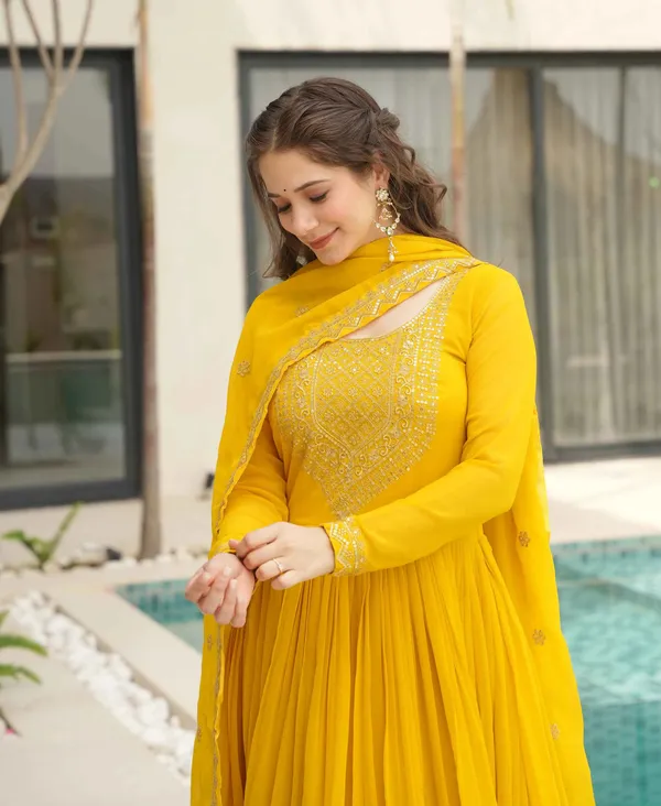Lightning_Yellow_Zari_Embroidery_Work_Gown_With_Dupatta_For_Women