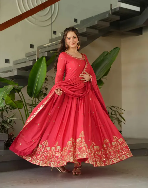 Peachy_Red_Embroidery_Zari_Sequins_Work_Gown_With_Dupatta_For_Women