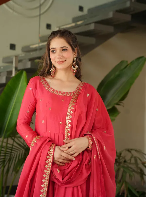 Peachy_Red_Embroidery_Zari_Sequins_Work_Gown_With_Dupatta_For_Women