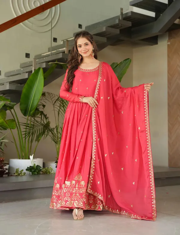 Peachy_Red_Embroidery_Zari_Sequins_Work_Gown_With_Dupatta_For_Women