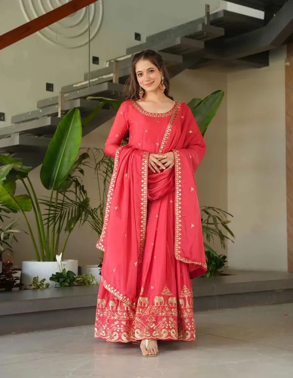 Peachy_Red_Embroidery_Zari_Sequins_Work_Gown_With_Dupatta_For_Women