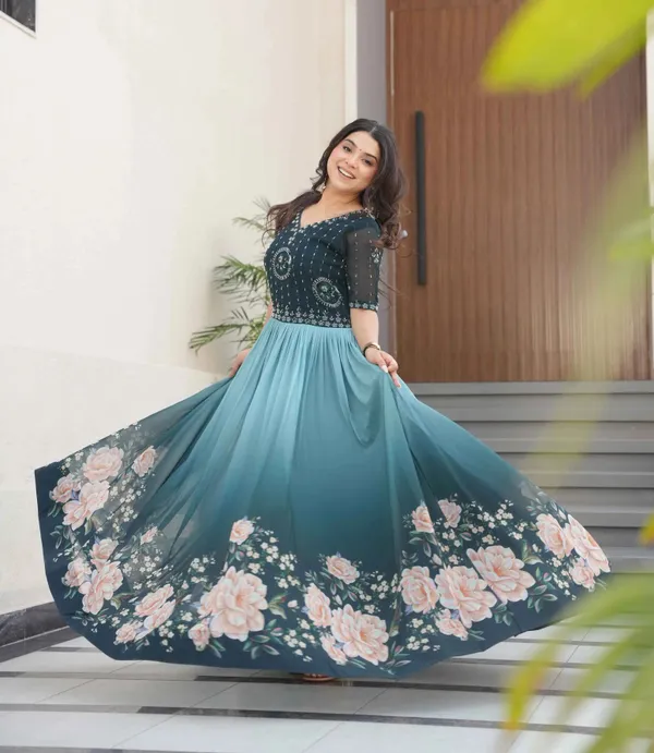 Teal_Blue_Floral_Padding_Digital_Print_Gown_With_Beads_Embroidery_Work_For_Women