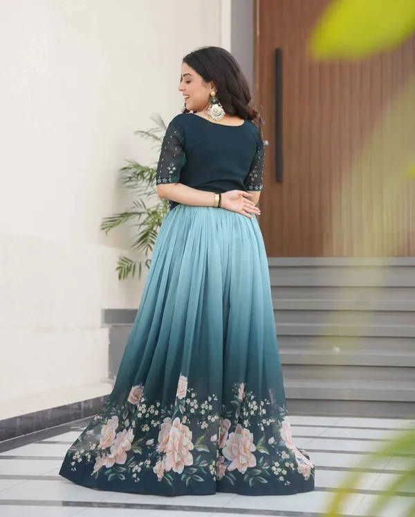 Teal_Blue_Floral_Padding_Digital_Print_Gown_With_Beads_Embroidery_Work_For_Women