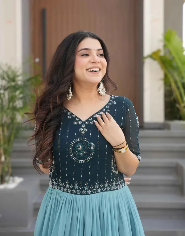 Teal_Blue_Floral_Padding_Digital_Print_Gown_With_Beads_Embroidery_Work_For_Women