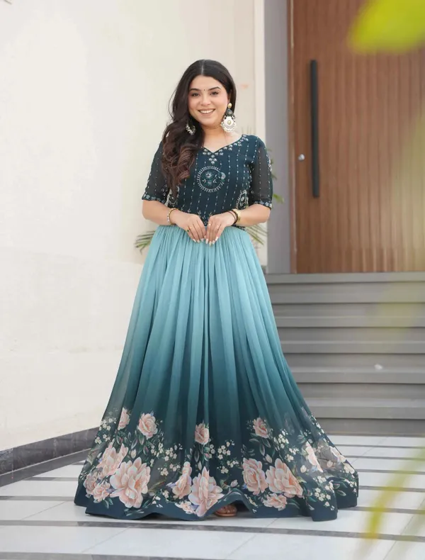 Teal_Blue_Floral_Padding_Digital_Print_Gown_With_Beads_Embroidery_Work_For_Women