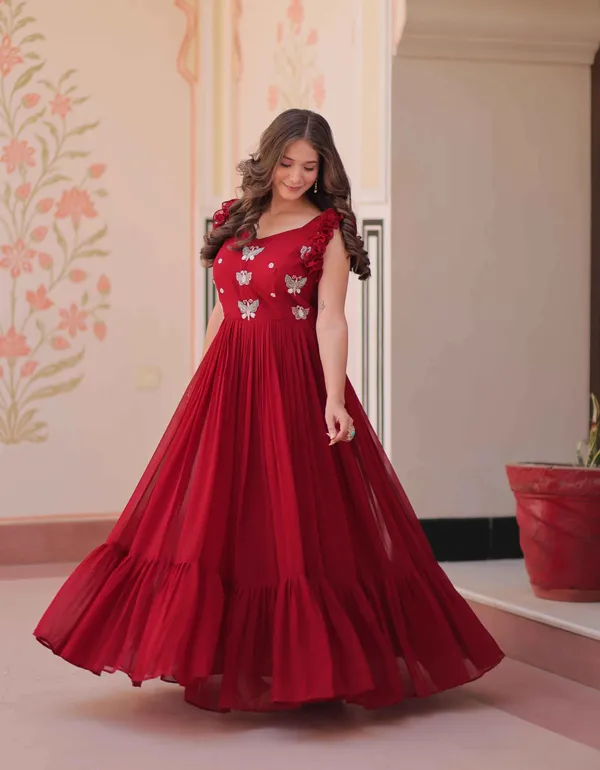 Paprika_Red_Georgette_Multi_Thread_Beads_Embroidery_Work_Gown_For_Women