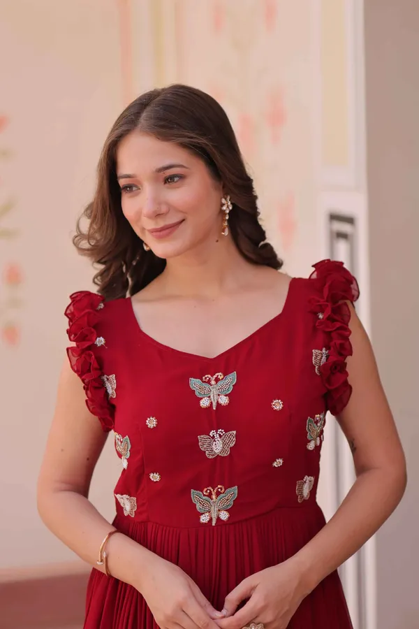 Paprika_Red_Georgette_Multi_Thread_Beads_Embroidery_Work_Gown_For_Women