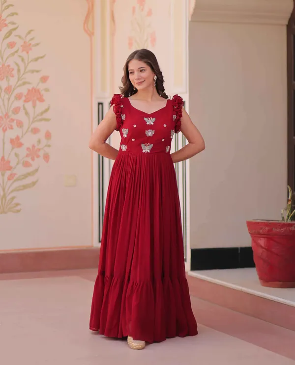 Paprika_Red_Georgette_Multi_Thread_Beads_Embroidery_Work_Gown_For_Women