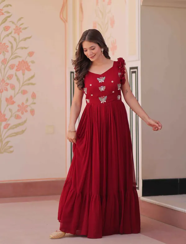 Paprika_Red_Georgette_Multi_Thread_Beads_Embroidery_Work_Gown_For_Women