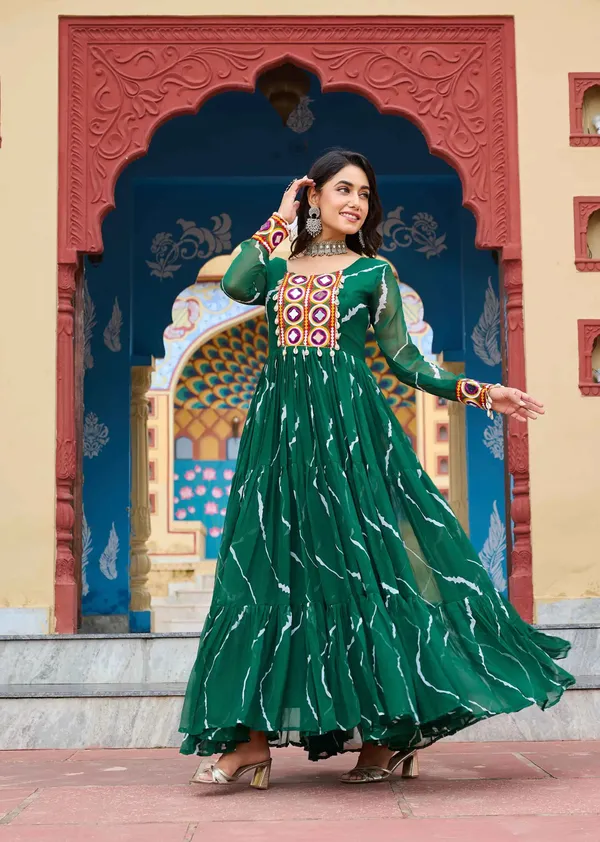 Dark_Green_Leheriya_Print_With_Kutchi_Patchwork_Navratri_Gown_For_Women
