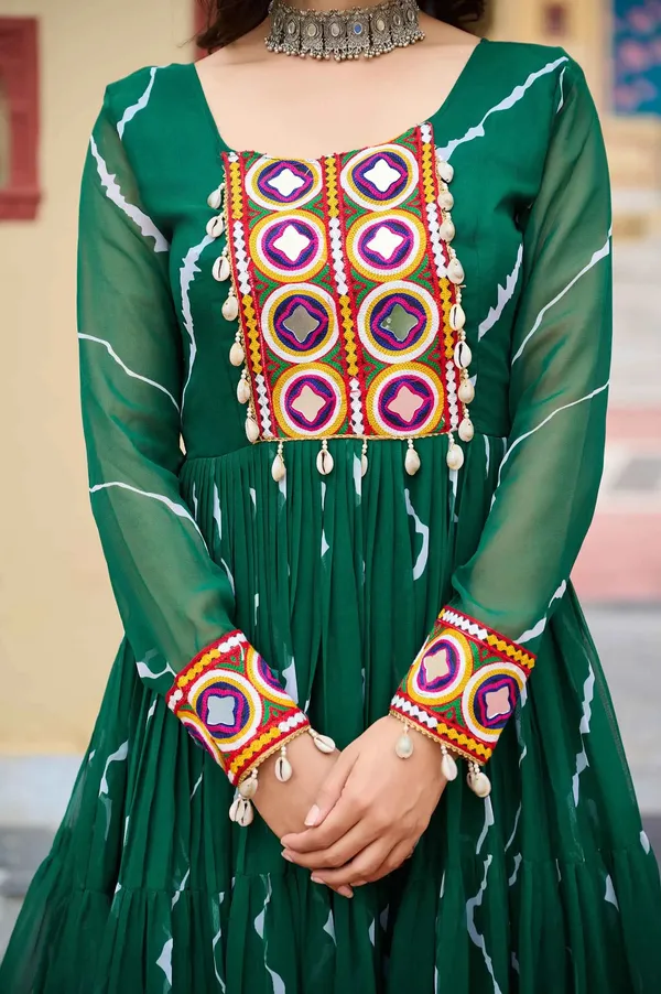 Dark_Green_Leheriya_Print_With_Kutchi_Patchwork_Navratri_Gown_For_Women
