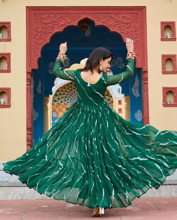 Dark_Green_Leheriya_Print_With_Kutchi_Patchwork_Navratri_Gown_For_Women