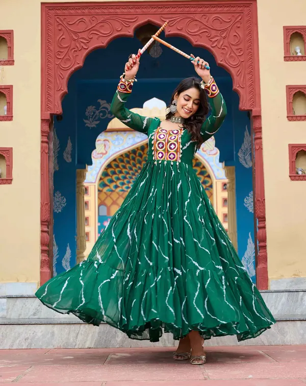 Dark_Green_Leheriya_Print_With_Kutchi_Patchwork_Navratri_Gown_For_Women