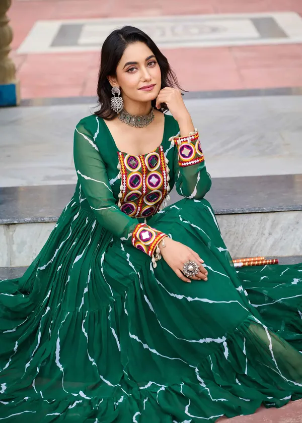 Dark_Green_Leheriya_Print_With_Kutchi_Patchwork_Navratri_Gown_For_Women