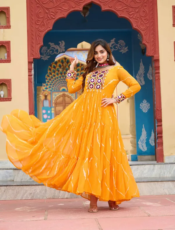 Yellow_Leheriya_Print_With_Kutchi_Patchwork_Navratri_Gown_For_Women