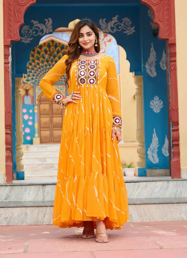 Yellow_Leheriya_Print_With_Kutchi_Patchwork_Navratri_Gown_For_Women