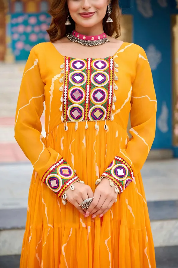 Yellow_Leheriya_Print_With_Kutchi_Patchwork_Navratri_Gown_For_Women
