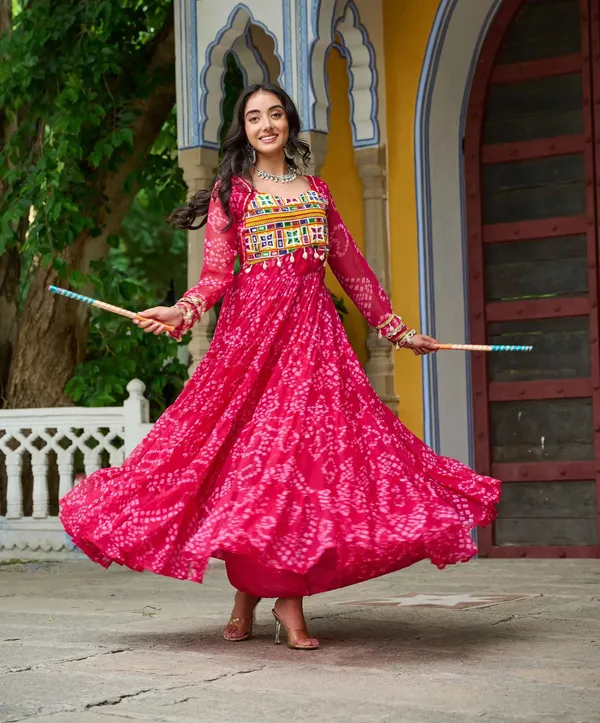 Pink_Bandhani_Print_With_Kutchi_Patchwork_Navratri_Gown_For_Women