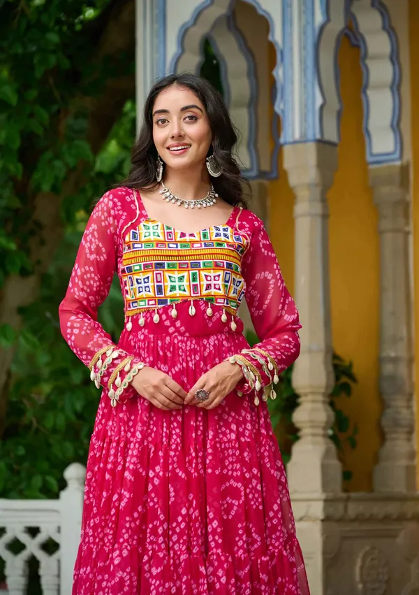 Pink_Bandhani_Print_With_Kutchi_Patchwork_Navratri_Gown_For_Women