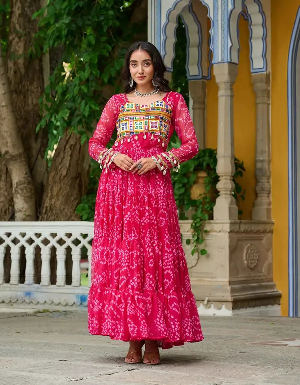 Pink_Bandhani_Print_With_Kutchi_Patchwork_Navratri_Gown_For_Women
