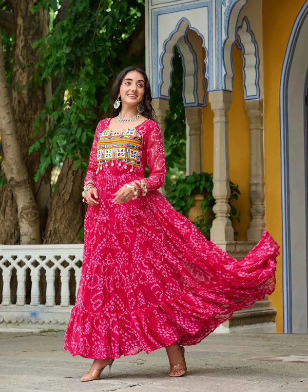 Pink_Bandhani_Print_With_Kutchi_Patchwork_Navratri_Gown_For_Women