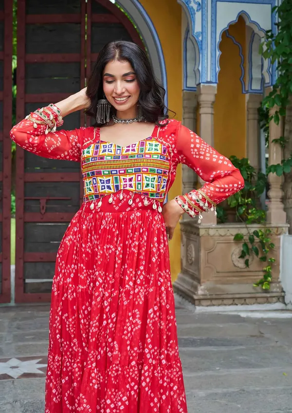 Red_Bandhani_Print_With_Kutchi_Patchwork_Navratri_Gown_For_Women