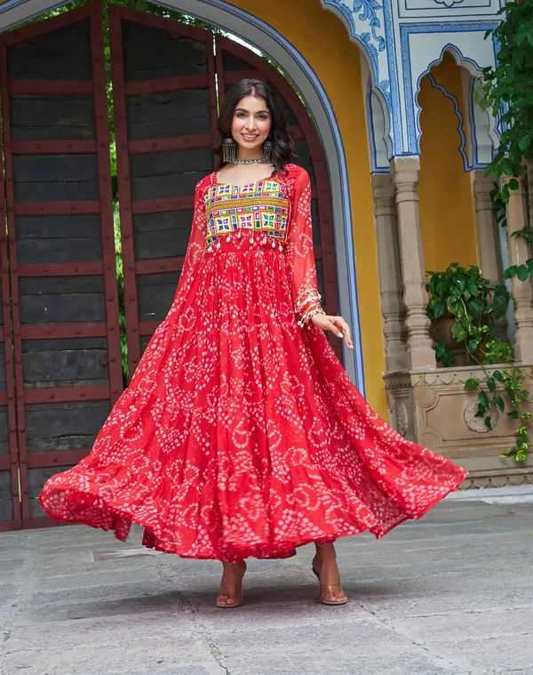 Red_Bandhani_Print_With_Kutchi_Patchwork_Navratri_Gown_For_Women
