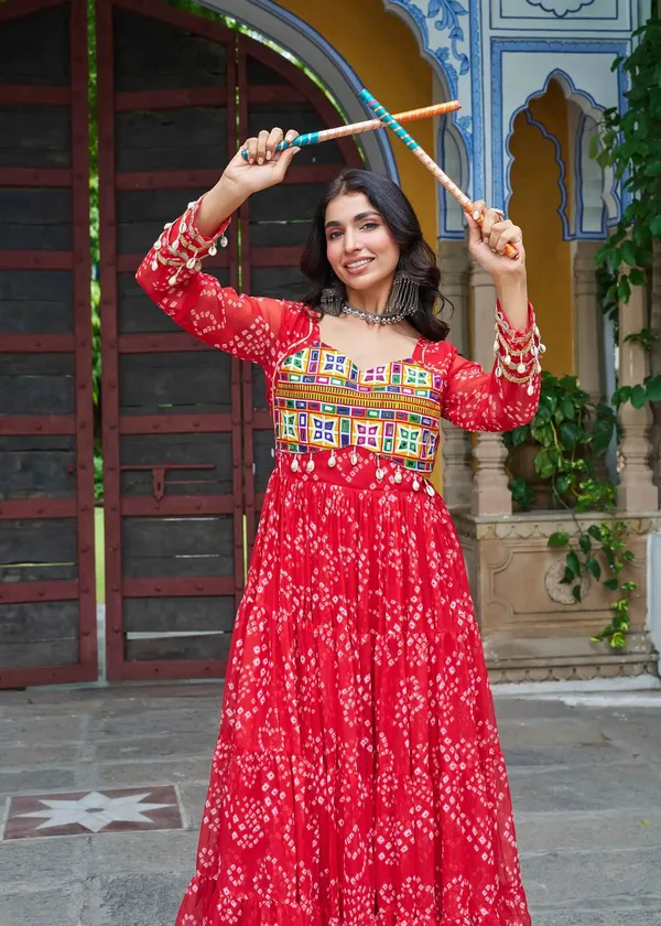 Red_Bandhani_Print_With_Kutchi_Patchwork_Navratri_Gown_For_Women